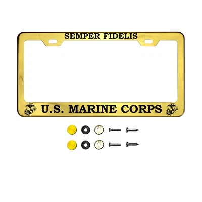 US Marine Corps Semper Fidelis Laser Etched License Plate Frame Metal Screw Cap - Image 1 of 4
