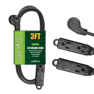 3 Ft Flat Plug Extension Cord 16 AWG 3 Prong Grounded Low Profile Extension C - Picture 1 of 7