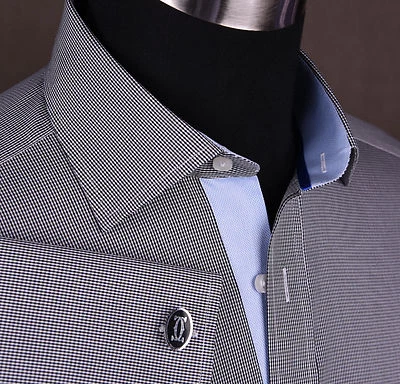 Sexy Camisa de Negocios Formal Gris Oscuro Mini Cuadros Suave Negra Clara Oxford Lujo Foto 1 de 4