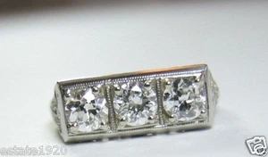 Antique Art Deco 3 Diamond Engagement 18KW Ring Size 4.75 EGL USA .90TW 1920's - Picture 1 of 12
