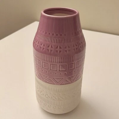 "Florero de cerámica con dos tonos 9,75"" esmalte rosa/diseño estilo Bitossi blanco" Foto 1 de 4