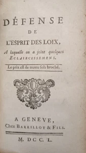 MONTESQUIEU Défense de l'Esprit des Loix EO Barrilot 1750 observations Mortier A - Picture 1 of 12