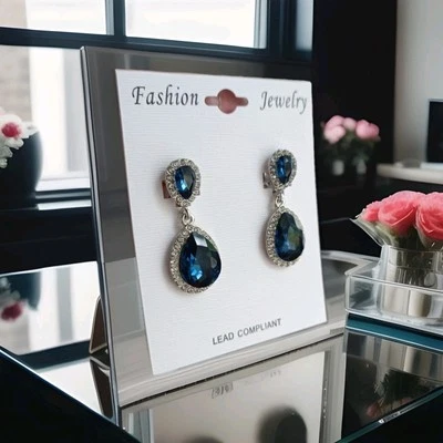 1 paar Ohrringe Clip Tropfen Blau/Strass   Modeschmuck  - Bild 1 von 4