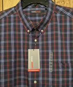 NWT 3XB ROUNDTREE & YORKE TravelSmart Navy Blue Plaid Long Sleeve Pocket Shirt - Picture 1 of 6