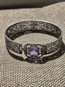  Art Deco Bracelet, Vintage Jewelry, JJ White Filigree Bangle, Purple Stone - Picture 1 of 10