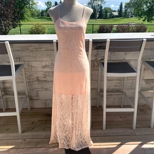Vintage Sheer Lace Maxi Dress S Peach Handmade Boho Hippie 70s Fairy Y2K Prom - Picture 1 of 18