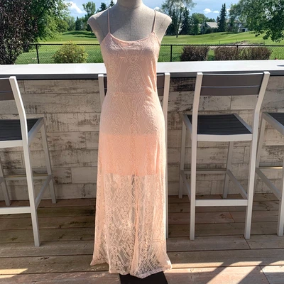Vintage Sheer Lace Maxi Dress S Peach Handmade Boho Hippie 70s Fairy Y2K Prom - Image 1 of 4