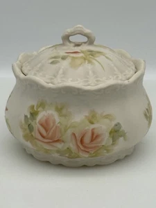Hand Painted Trinket Powder Box,  M Brinks Flint, Michigan Peach Roses 4.5” Tall - Picture 1 of 8