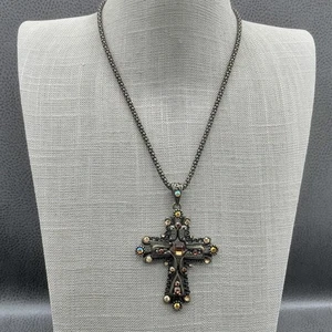 Hard Rock Kreuz Anhänger Halskette Damen Antik Goldfarben Strass Kristall - Bild 1 von 7