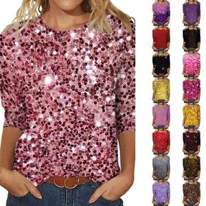 Women's 3/4 Sleeve Shirt Sequin Tops Party Night Glitter Sparkly Blouse T Shirts - Picture 1 of 36