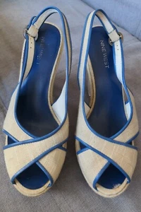 NINE WEST Designer Ivory/Blue Canvas Wedges Size 6, W8 - Picture 1 of 10