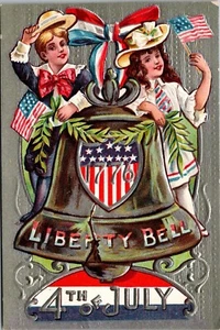 Fourth Of July Liberty Bell Boy Girl Hat Patriotic Embossed Nash Postcard JC3 - Picture 1 of 2