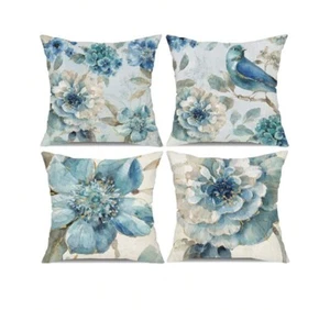 Set of 4 Blue Floral Cushion Covers, Blue & Off-White + Invisible Zipper - Picture 1 of 9