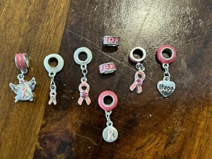 Silver & Pink BREAST CANCER Charms- Angel - Ribbons - Hope Beads - Picture 1 of 8
