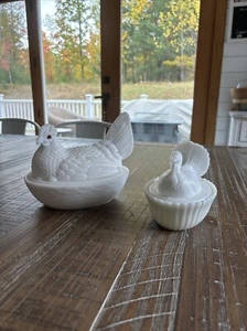 Vintage Milchglas Henne auf Nest Glasaugen mit Milchglas Truthahn auf Nest - Bild 1 von 11
