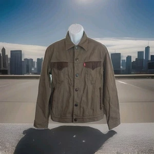 VTG Edwin XL Men's (Fits Like a LARGE) Brown Denim Trucker Jacket Leather Accent - Picture 1 of 22