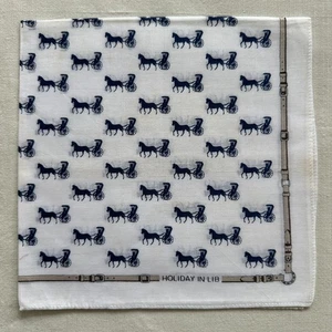 Handkerchief Vintage White Cotton Horse-Drawn Carriage Blue Pocket Square 17" - Picture 1 of 4
