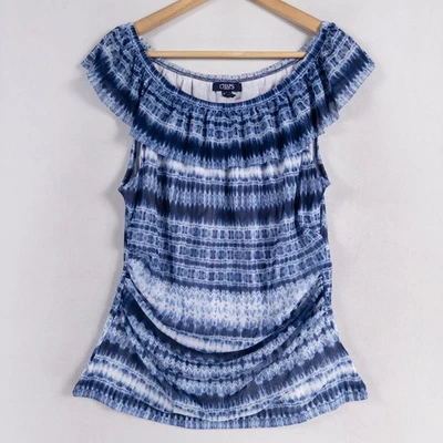 Chaps Denim Top Blouse XL Blue White Stripe Mesh Ruffle Lined Ruched Sides Foto 1 de 4
