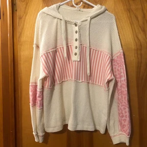 Bibi Pink Meadow Hoodie Top Women's Size Large Leopard Stripes Boho Waffle Knit - Picture 1 of 8