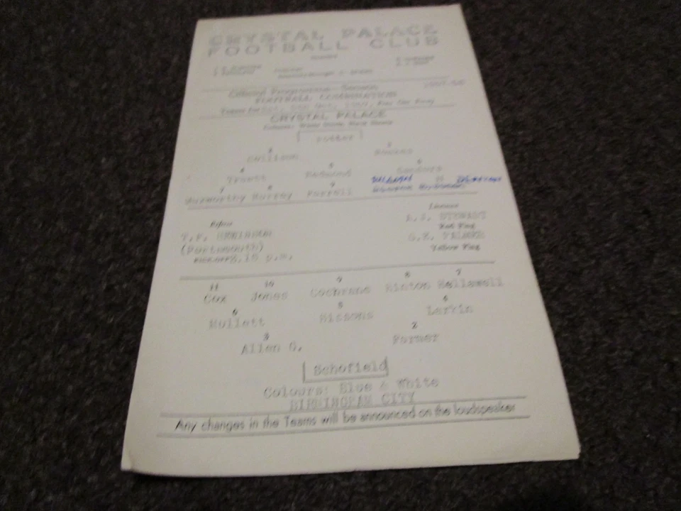 CRYSTAL PALACE  reserves  v  BIRMINGHAM CITY  reserves  1957/8  OCTOBER 5th - Image 1 of 1