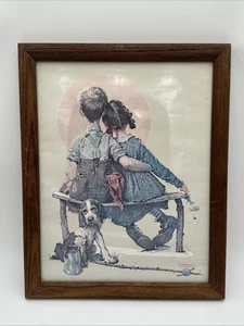 Norman Rockwell Print Little Spooners Canvas Lithograph - Vintage Wood Frame - Picture 1 of 12