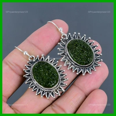 Pendientes de gancho colgantes nuevos bisel de plata esterlina piedra moldavita ovalada joyería Foto 1 de 4