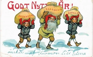 New Year Norway Godt Nytt Elf Gnomes with Bags 1910 - Picture 1 of 2