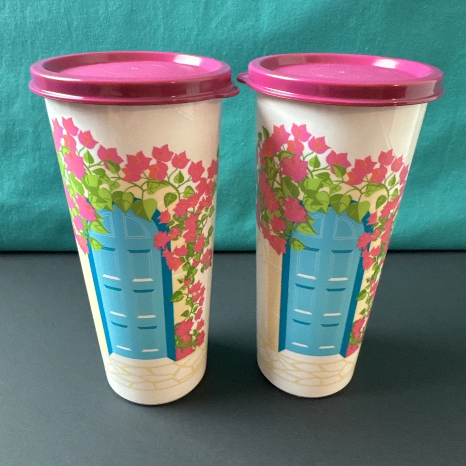 Tupperware Vaso Lado Recto 16oz Juego de 2 Vasos Nuevos Primavera Flores Puerta Foto 1 de 1