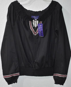 Black Embroidered Smocked Peasant Top Sz L Semi Sheer NEW Miley Cyrus Max Azria - Picture 1 of 23