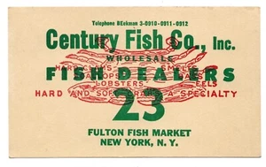 1940s FULTON FISH MARKET NYC Tag – Century Fish Co. - Wholesale Seafood Dealer - Picture 1 of 2