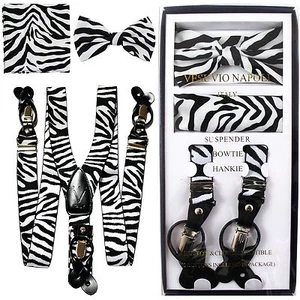 New in box Convertible Elastic Strap Suspender_Bowtie Hankie Zebra Black White - Picture 1 of 5