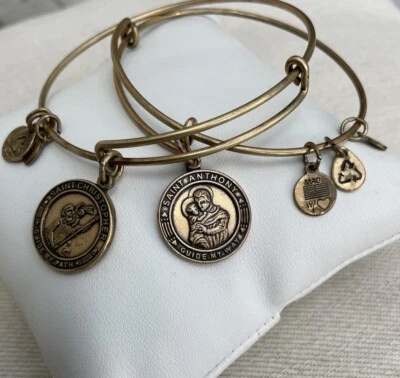Lot 2 Alex & Ani Bangle Bracelets Gold Tone St Anthony + St Christopher Charms - Image 1 of 4