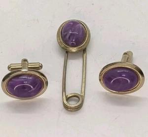 Vintage Cufflink and Tie Brooch Set Gold Tone Purple Faux Agate Stone Safety Pin - Picture 1 of 5