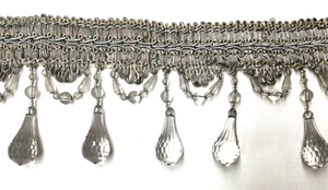 (Sold by The Yard) 3 3/4” Tear Drop Beaded Trim Fringe Gimp Top/ Silver - Picture 1 of 3