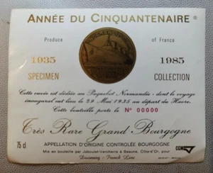 paquebot NORMANDIE - Etiquette de Vin BOURGOGNE CINQUANTENAIRE 1985 FRENCH LINE - Imagen 1 de 2