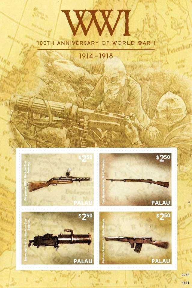Armas de la Primera Guerra Mundial Rifles MP18/A1 Ametralladora/Armas Hoja de Estampillas (2014 Palau) Foto 1 de 1