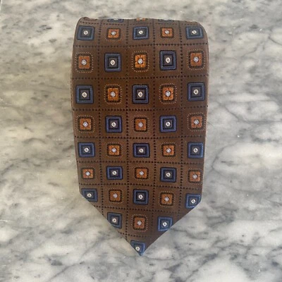 BEAU BRUMMEL 手工制作 100% 真丝棕色/蓝色几何印花领带 ~ 3.50 — 第 1/4 张图片