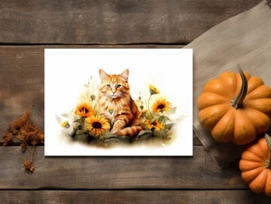 Orange Katze mit Sonne Blumen Karte für Katzenliebhaber im Herbst Karte für Halloween Karte - Bild 1 von 1