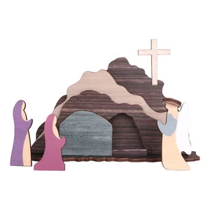 Easter Resurrection Scene Set 7PCS Wooden Scene with The Empty Tomb and Cross - Picture 1 of 9