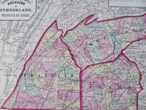 Condados de Cumberland Franklin & Adams Pennsylvania 1872 O.W. Mapa de color de mano gris - Imagen 1 de 5