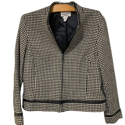 Pendleton | Blazer Lana Pata de Gallo Negro Blanco Cuero Borde Cremallera Frontal - Talla 16 Foto 1 de 4