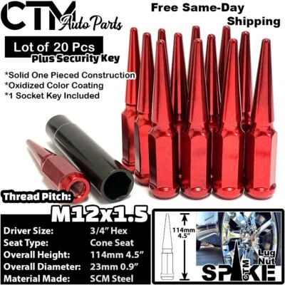 20x 4.5" Tall 12x1.5 Red Spike Lug Nut 3/4" Hex + Key Fit Mazda Kia - Image 1 of 4
