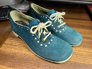 Women Sz 8 ~ Vintage 1960’s Bowling Shoes Blue Suede Leather - Picture 1 of 22