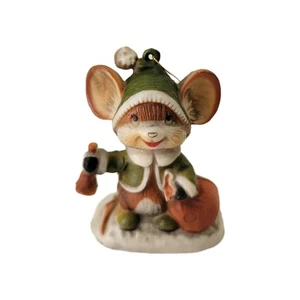 Vtg Christmas Mouse Ornament Green Brown Hard Plastic Bell Present Gift Bag - Picture 1 of 6