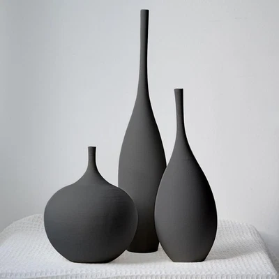 Jarrón de cerámica negro moderno Boho Wabi-Sabi florero conjunto de 3 adornos decorativos... Foto 1 de 4