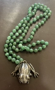 Vintage Signed GLW? 925 Israel? frog Jade? Bead Necklace - Picture 1 of 13
