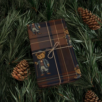 Ralph Lauren Christmas Wrapping Paper Dark Tartan Plaid Bear Gift Wrap - Image 1 of 4