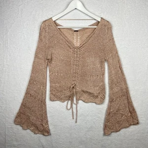 Free People Woven Blouse Top Cropped 70s Flared Bell Long Sleeve - Picture 1 of 10