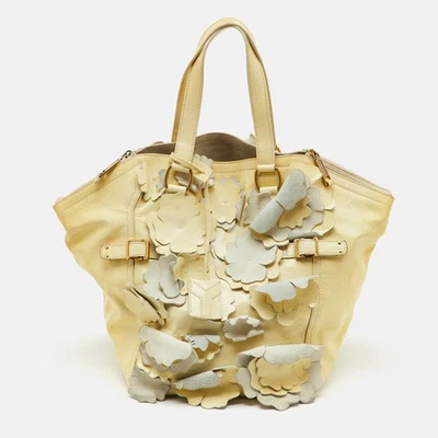 Yves Saint Laurent Light Yellow Patent Leather Floral Applique Downtown Tote - Image 1 of 4