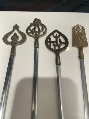 Lot of 4 Stainless Steel & Brass Shish Kabob BBQ Skewers 14” From Turkey VTG - Image 1 of 4